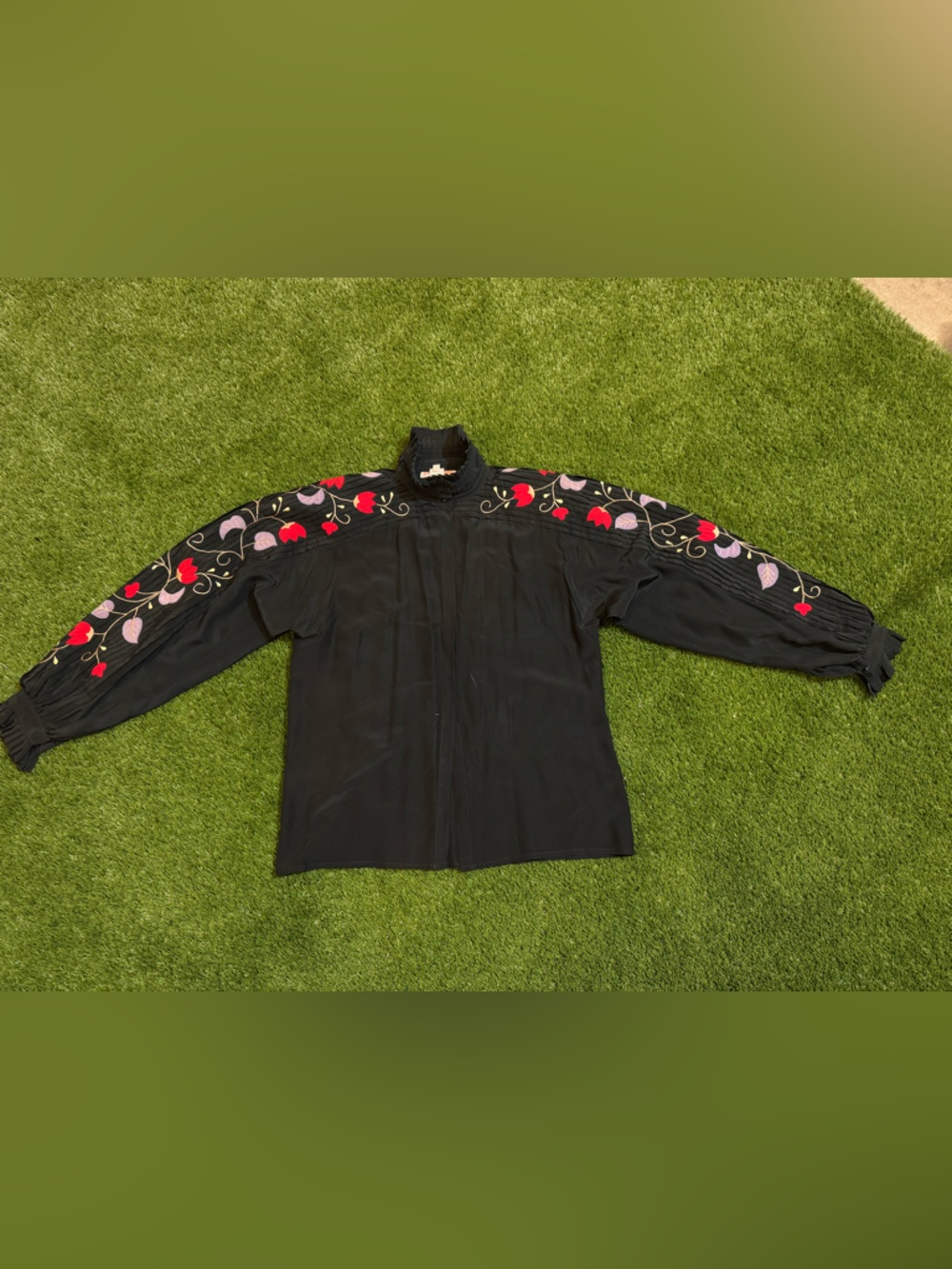 Vintage 70s Jerri Sherman Womens Silk Black Long Sleeve Blouse Floral Embroidery
